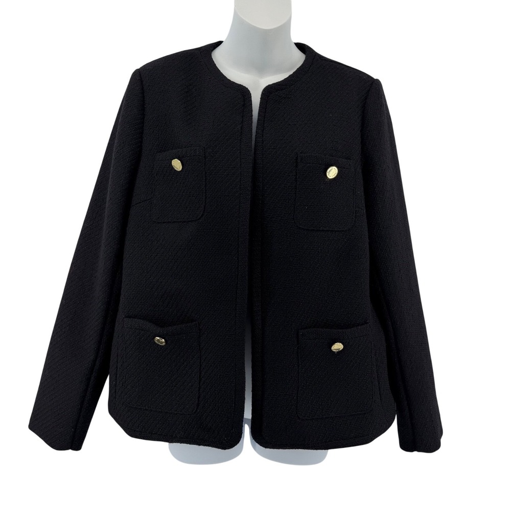 Anne Klein Jacket Women's Gold Buttons Black Textured Open Lined Large NWT $139